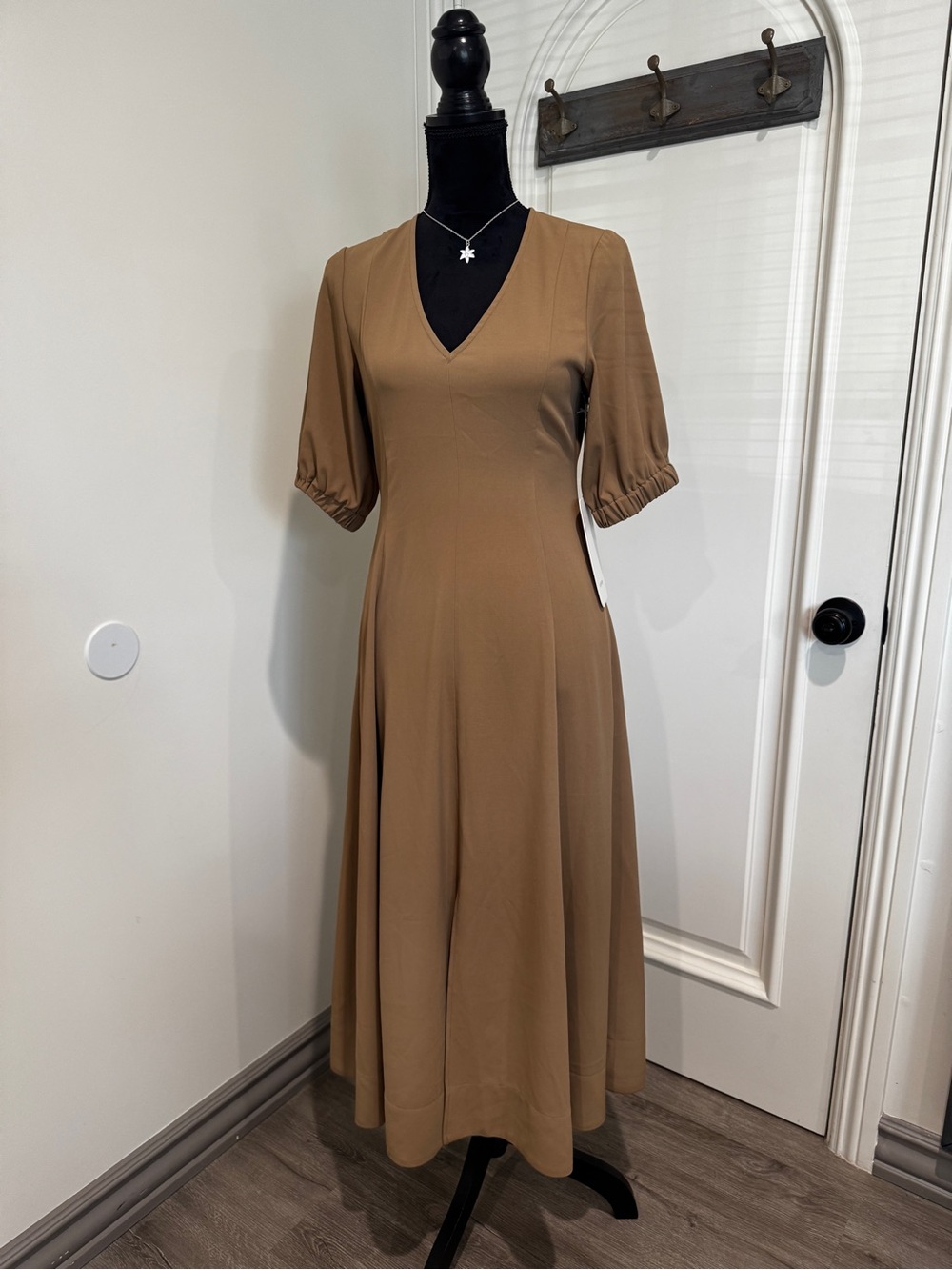 V-Neck Midi Dress with Slight Puff Sleeves in Camel